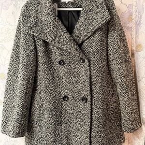 Calvin Klein Black & White Herringbone Double-Breasted Coat